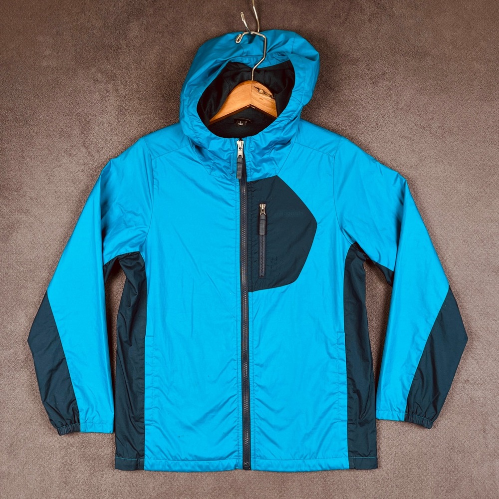 Patagonia Quartzsite Jacket Boys Large 12 Blue Colorblock Hooded Full Zip 64345
